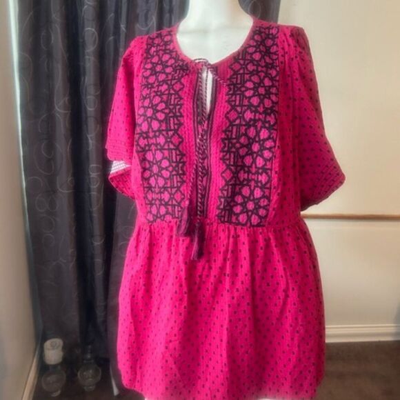 Knox Rose Pink/Back tie neck flutter sleeves rich magenta dot top, size XXL - Picture 2 of 5